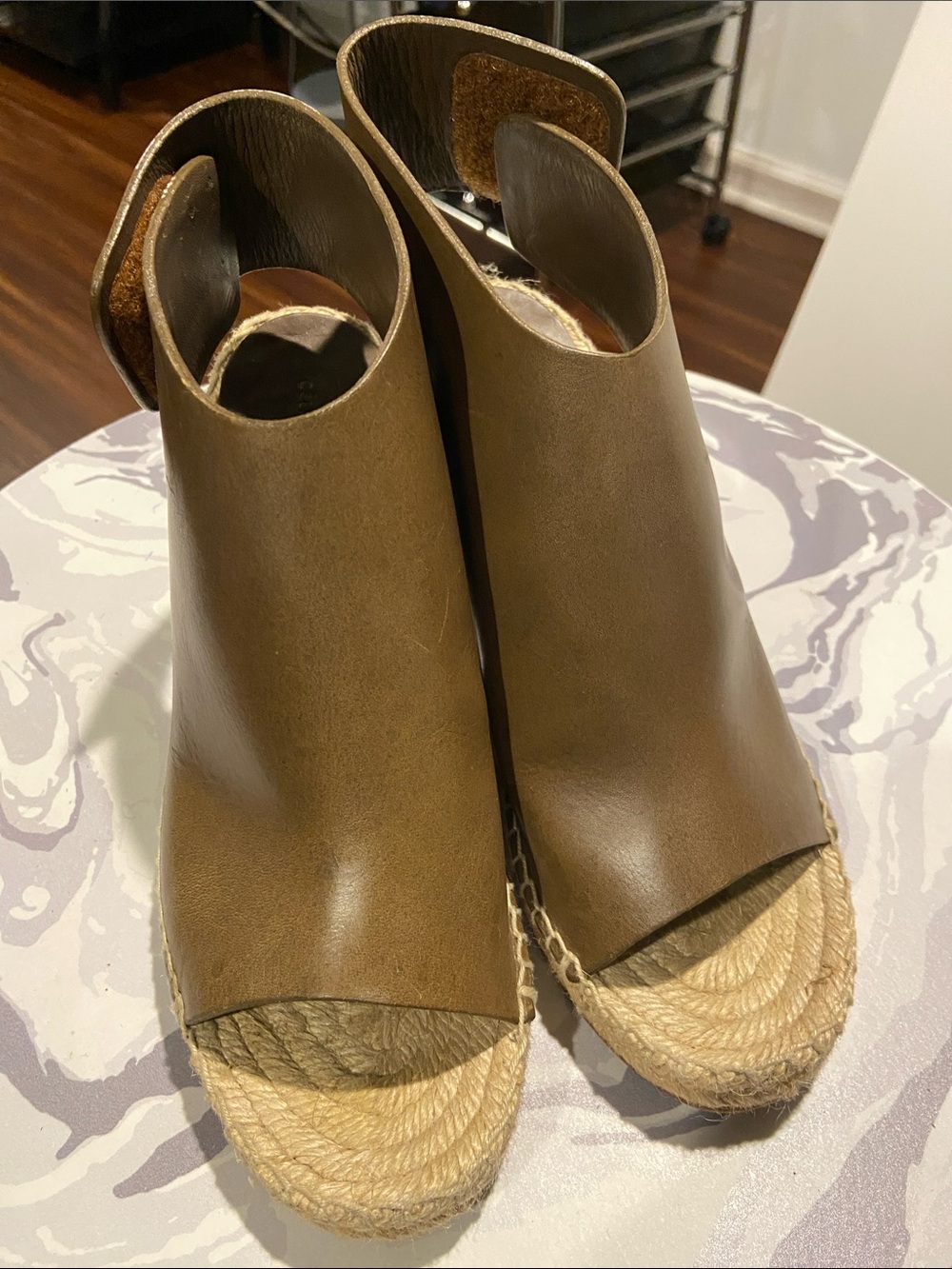 Celine Paris Brown Leather Espadrille Wedge Sandals Peep Toe Size 36